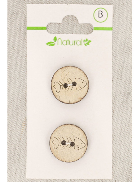 Carte de 2 boutons en bois naturel 18 mm 2 trous - Arêtes de poisson