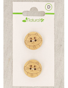 Carte de 2 boutons en bois naturel 18 mm 2 trous - Chat