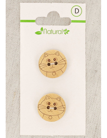 Carte de 2 boutons en bois naturel 18 mm 2 trous - Chat