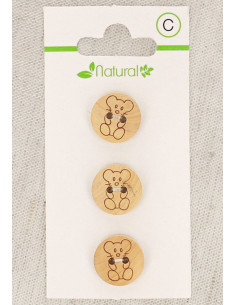 Carte de 3 boutons en bois naturel 14 mm 2 trous - Souris