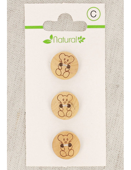 Carte de 3 boutons en bois naturel 14 mm 2 trous - Souris