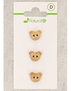 Carte de 3 boutons en bois naturel 11 mm 2 trous - Tête d´ours
