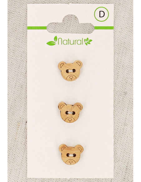 Carte de 3 boutons en bois naturel 11 mm 2 trous - Tête d´ours