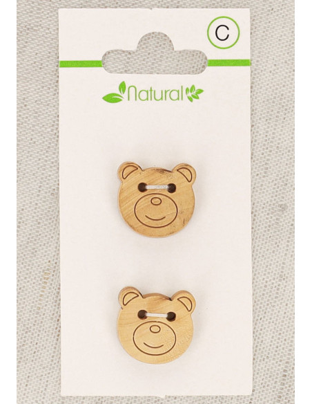 Carte de 2 boutons en bois naturel 18 mm 2 trous - Tête d´ours