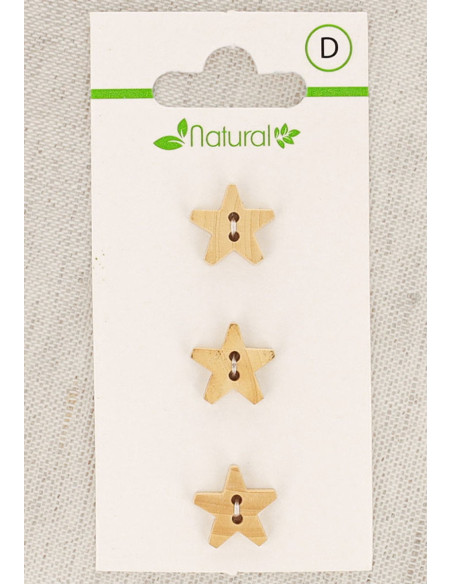 Carte de 3 boutons en bois naturel 12 mm 2 trous - Etoiles