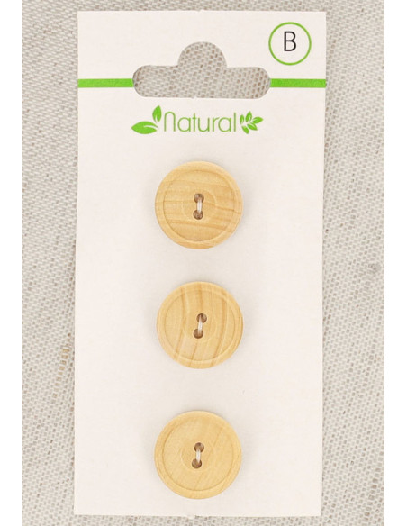 Carte de 3 boutons en bois naturel 14 mm 2 trous - Ronds