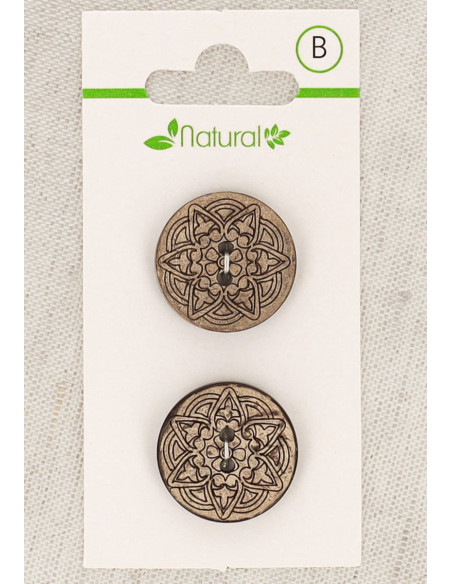 Carte de 2 boutons en bois naturel 20 mm 2 trous - Arabesques