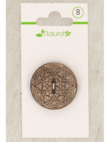 Carte de 1 bouton en bois naturel 28 mm 2 trous - Arabesques