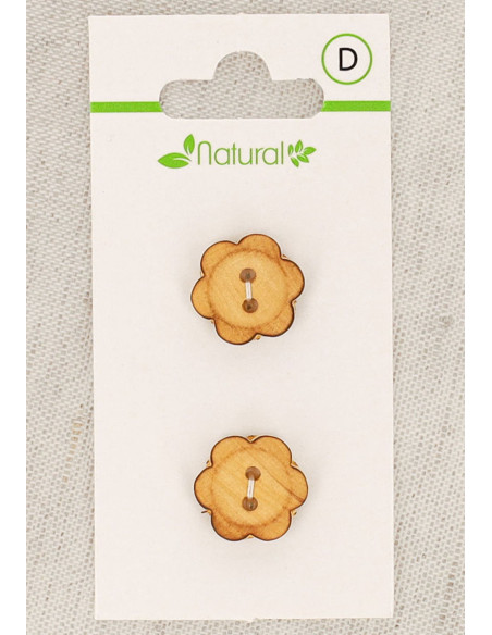 Carte de 2 boutons en bois naturel 15 mm 2 trous - Fleurs