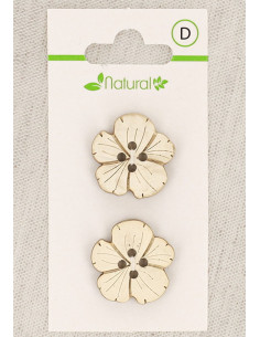 Carte de 2 boutons en bois naturel 21 mm 4 trous - Fleurs