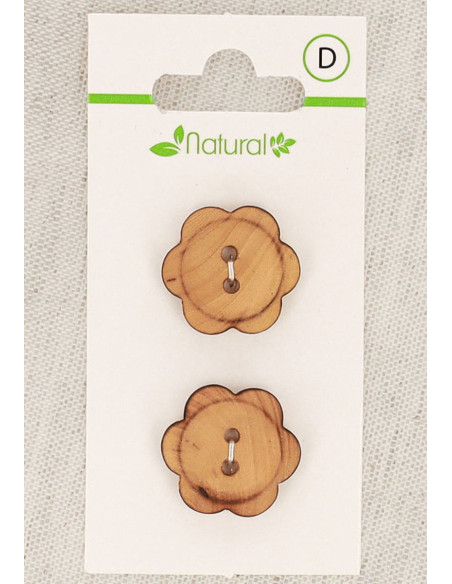 Carte de 2 boutons en bois naturel 20 mm 2 trous - Fleurs