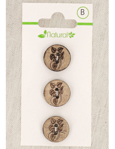 Carte de 3 boutons en bois naturel 15 mm 2 trous - Feuilles