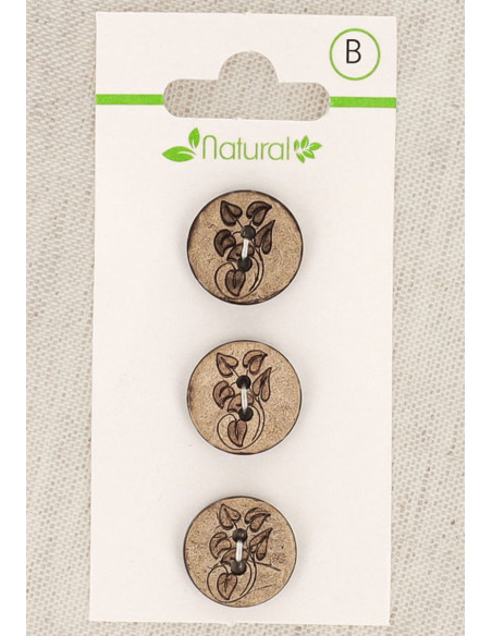 Carte de 3 boutons en bois naturel 15 mm 2 trous - Feuilles
