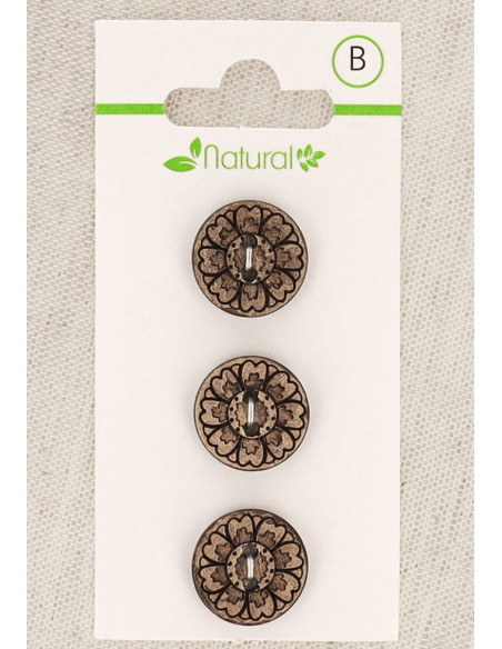 Carte de 3 boutons en bois naturel 15 mm 2 trous - Arabesques