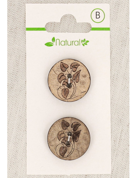 Carte de 2 boutons en bois naturel 20 mm 2 trous - Feuilles