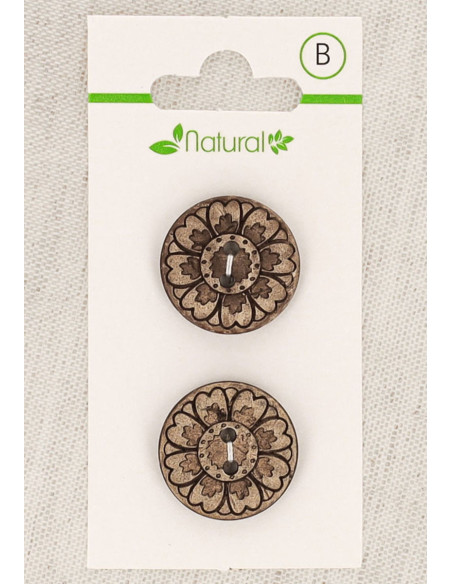 Carte de 2 boutons en bois naturel 20 mm 2 trous - Arabesques