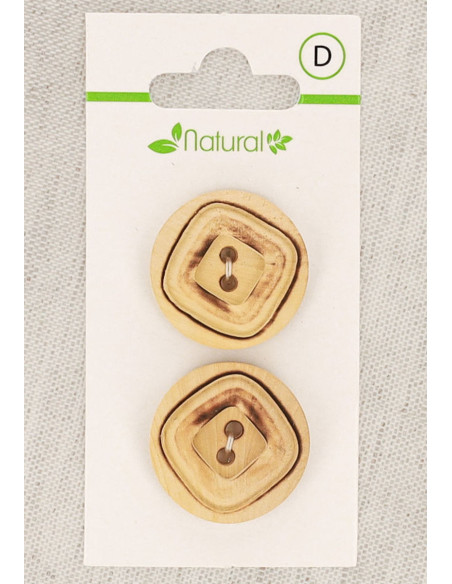 Carte de 2 boutons en bois naturel 23 mm 2 trous - Carrés