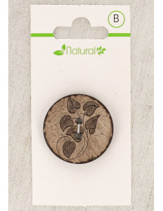 Carte de 1 bouton en bois naturel 28 mm 2 trous - Feuilles