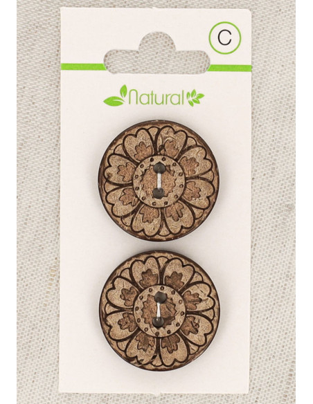 Carte de 2 boutons en bois naturel 25 mm 2 trous - Arabesques