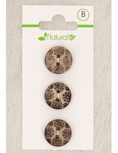 Carte de 3 boutons en bois naturel 15 mm 2 trous - Fantaisie