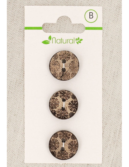 Carte de 3 boutons en bois naturel 15 mm 2 trous - Fantaisie