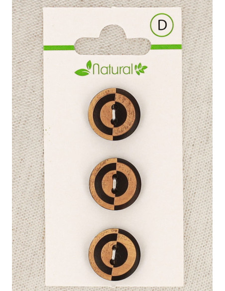 Carte de 3 boutons en bois bicolore 15 mm 2 trous - Fantaisie