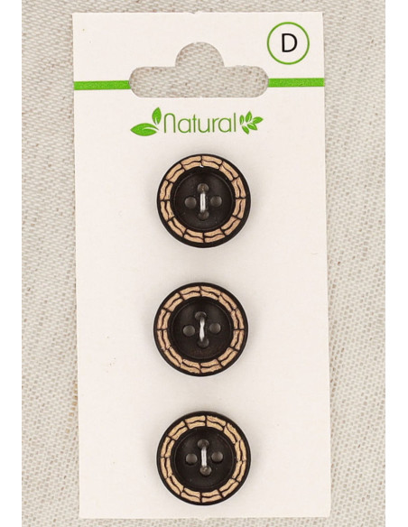 Carte de 3 boutons en bois bicolore 15 mm 4 trous - Fantaisie