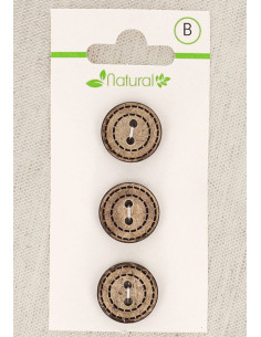 Carte de 3 boutons en bois naturel 15 mm 2 trous - Ronds pointillés