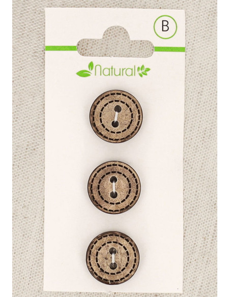 Carte de 3 boutons en bois naturel 15 mm 2 trous - Ronds pointillés