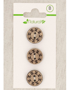 Carte de 3 boutons en bois naturel 15 mm 2 trous - Ronds