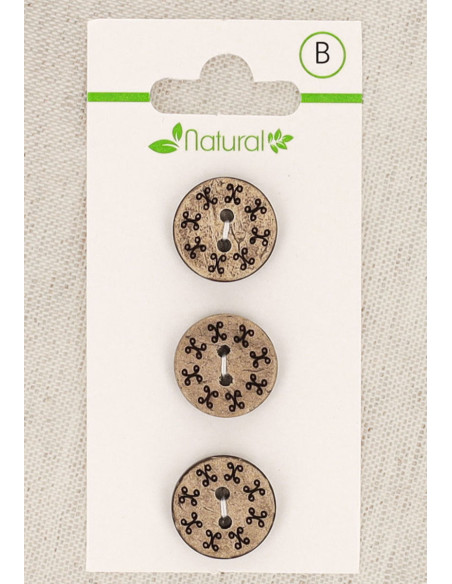 Carte de 3 boutons en bois naturel 15 mm 2 trous - Ronds