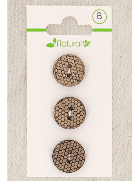 Carte de 3 boutons en bois naturel 15 mm 2 trous - Nid d´abeille