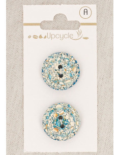 Carte de 2 boutons turquoise 20 mm 2 trous - Mouchetés