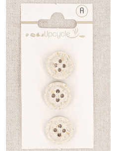 Carte de 3 boutons écru 15 mm 4 trous - Grains de riz roulotté