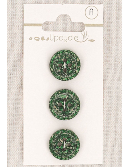 Carte de 3 boutons vert 15 mm 4 trous - Grains de riz roulotté