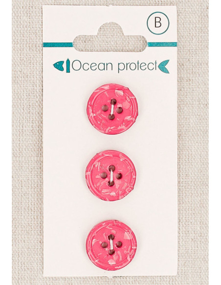 Carte de 3 boutons fuchsia 15 mm 4 trous - Bord roulotté