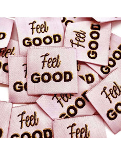 Lot de 5 étiquettes tissées à coudre Feel Good lurex rose