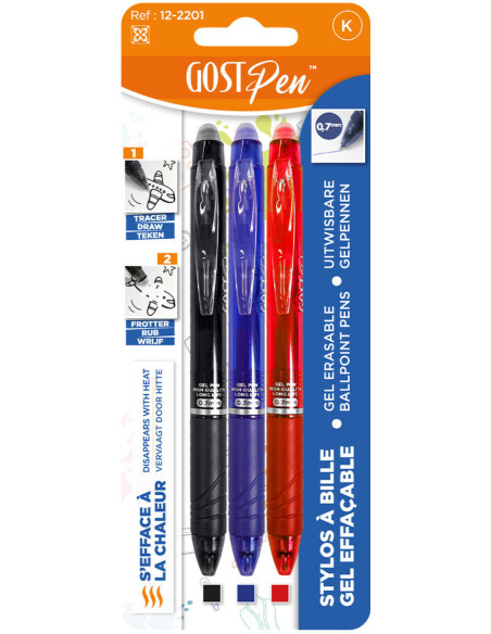 Set de 3 stylos à bille effaçables à la chaleur - Noir, rouge et bleu marine