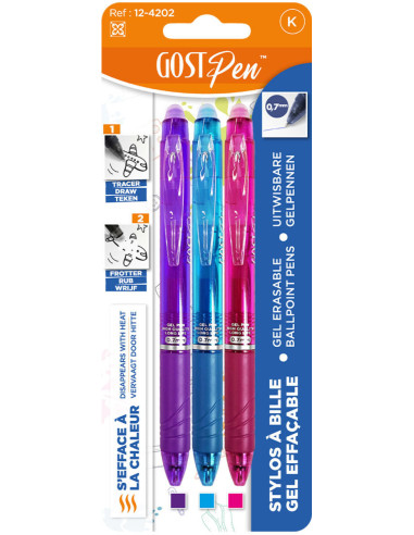 Set de 3 stylos à bille effaçables à la chaleur - Violet, turquoise, fuchsia
