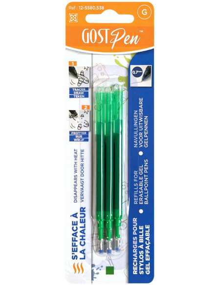 Set de 3 recharges pour stylos à bille effaçables à la chaleur - Vert