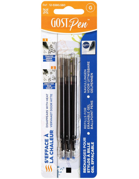 Set de 3 recharges pour stylos à bille effaçables à la chaleur - Noir
