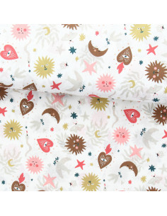 Tissu popeline de coton - Mystia blanc et corail