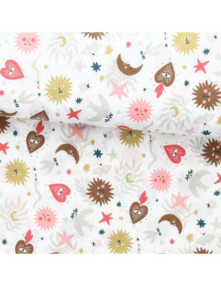 Tissu popeline de coton - Mystia blanc et corail