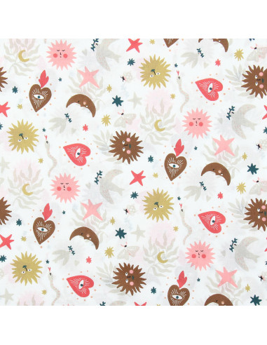 Tissu popeline de coton - Mystia blanc et corail