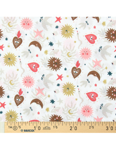 Tissu popeline de coton - Mystia blanc et corail