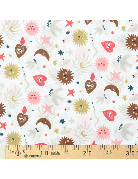 Tissu popeline de coton - Mystia blanc et corail