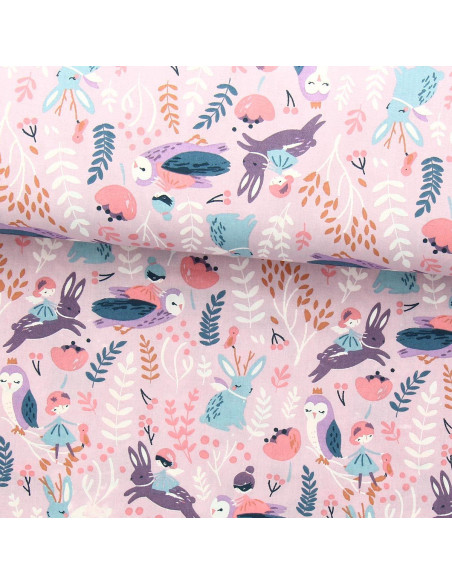 Tissu popeline de coton - Fées des bois violet et rose
