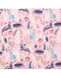 Tissu popeline de coton - Fées des bois violet et rose 2
