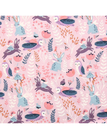 Tissu popeline de coton - Fées des bois violet et rose