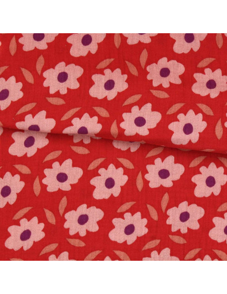 Tissu double gaze imprimé - Floli rouge et violet